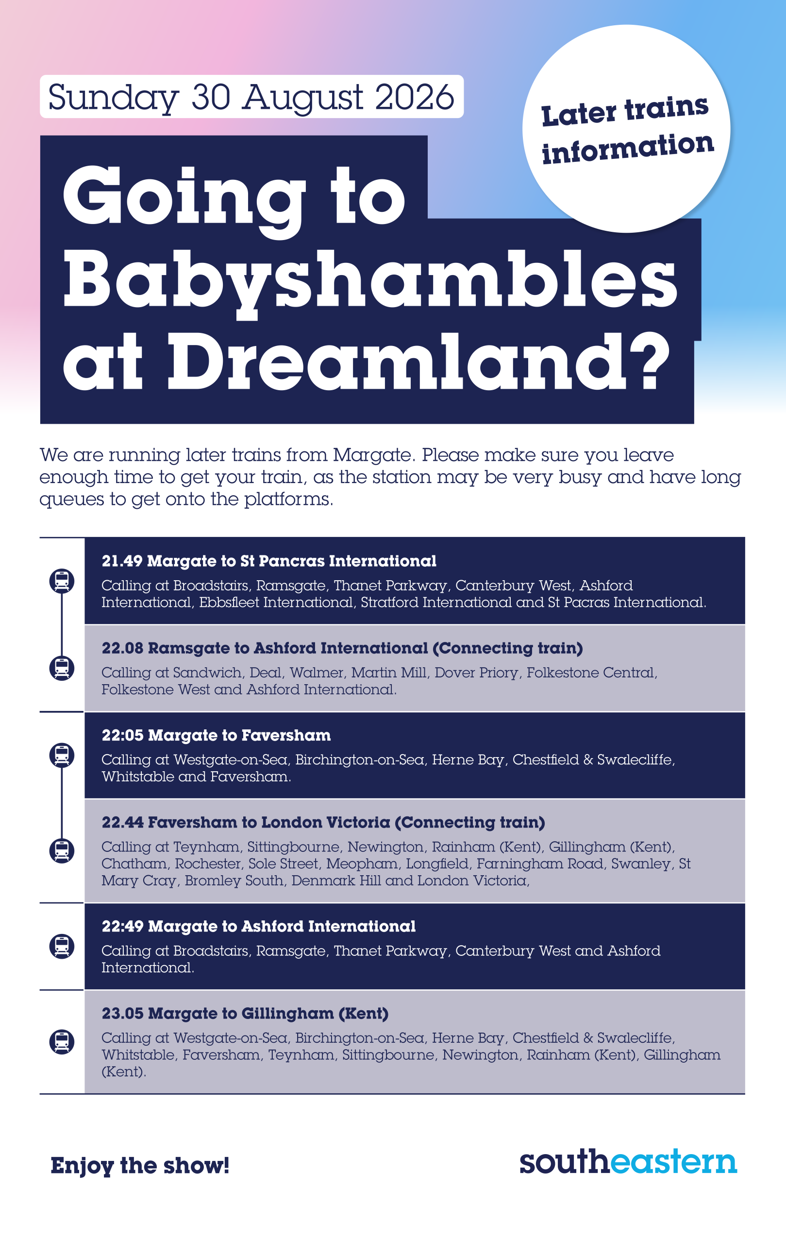 Graphic showing later trains after the Babyshambles event by Southeastern