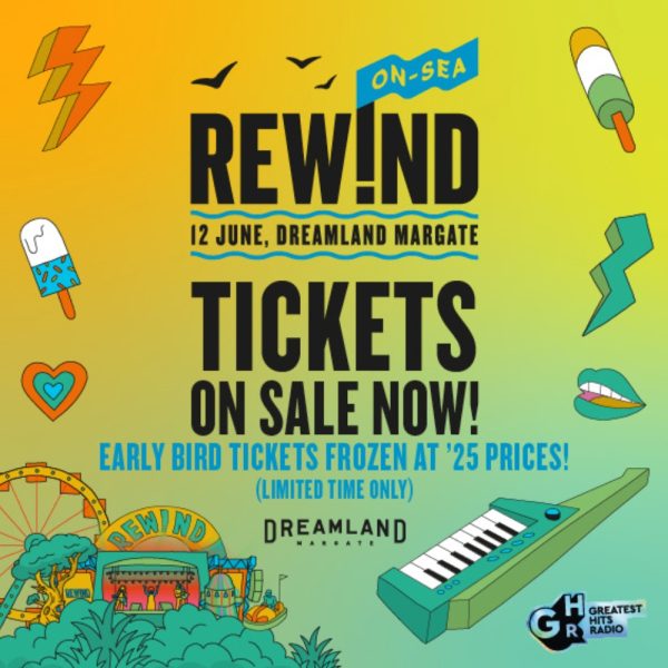 Graphic artwork with text and emojis stating Rewind On Sea Tickets on Sale now
