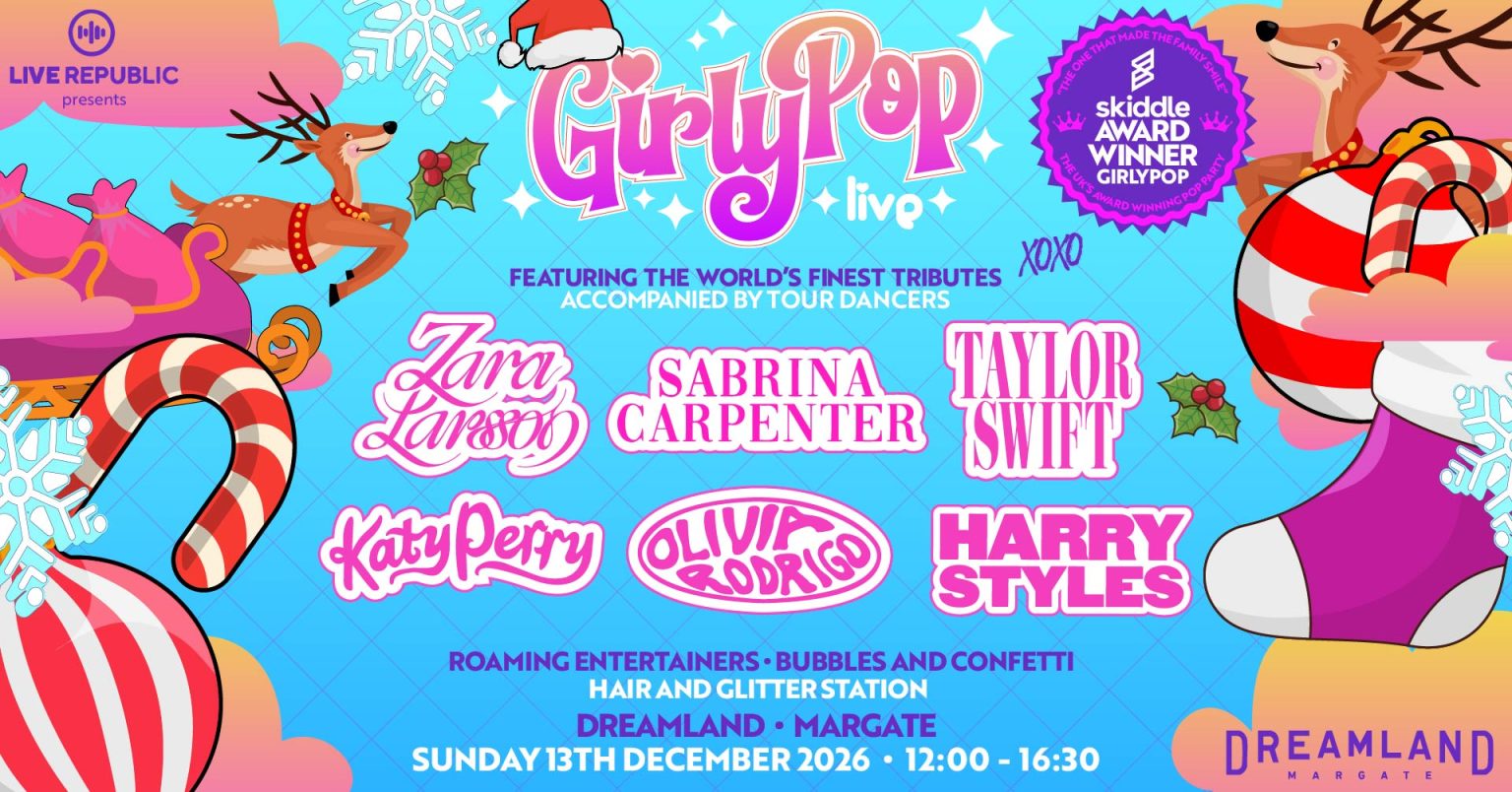 Carttoon style festive symbols with names of tribute artists performing at GirlyPop Sweetmas