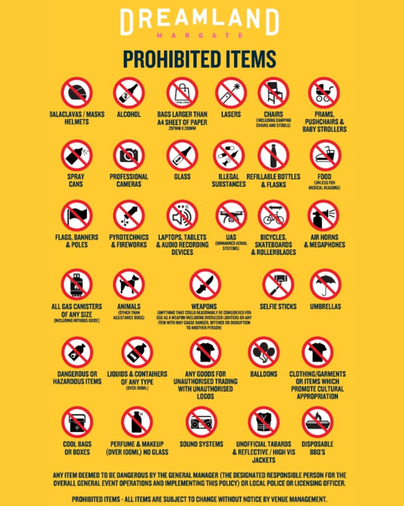 venue prohibited items with icons showing items that are not permitted inside the venue for events