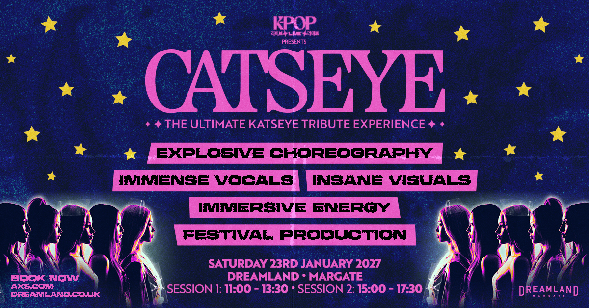 artwork showing a line of performers with the title Catseye the ultimate tribute to Katseye